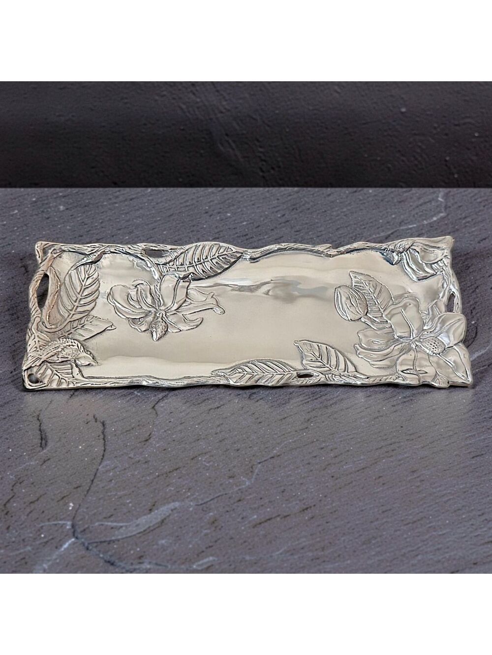 New Arthur Court Magnolia Oblong Serving Tray 19" Aluminum Floral W Original Box